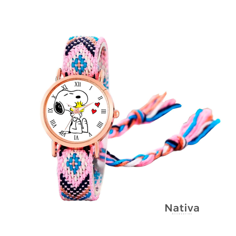 Reloj Snoopy Dorado Tejido Artesanal