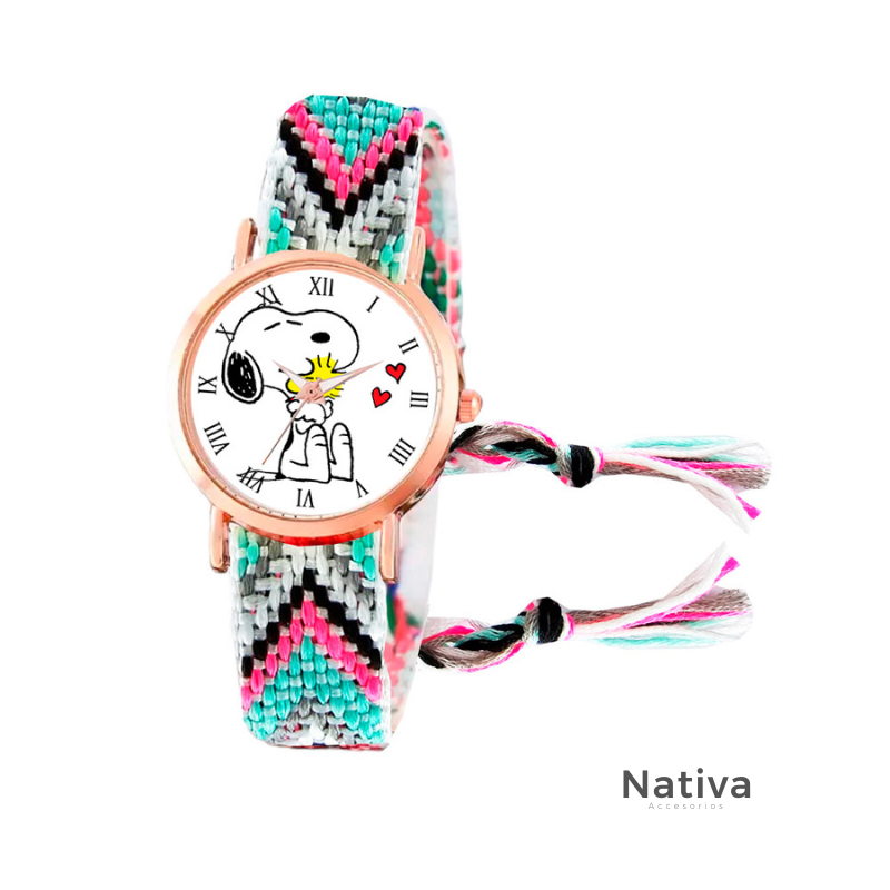 Reloj Snoopy Dorado Tejido Artesanal